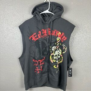 Ed Hardy Sleeveless Zip-Up Hooded Sweatshirt Men’s XL Charcoal Panther Skull